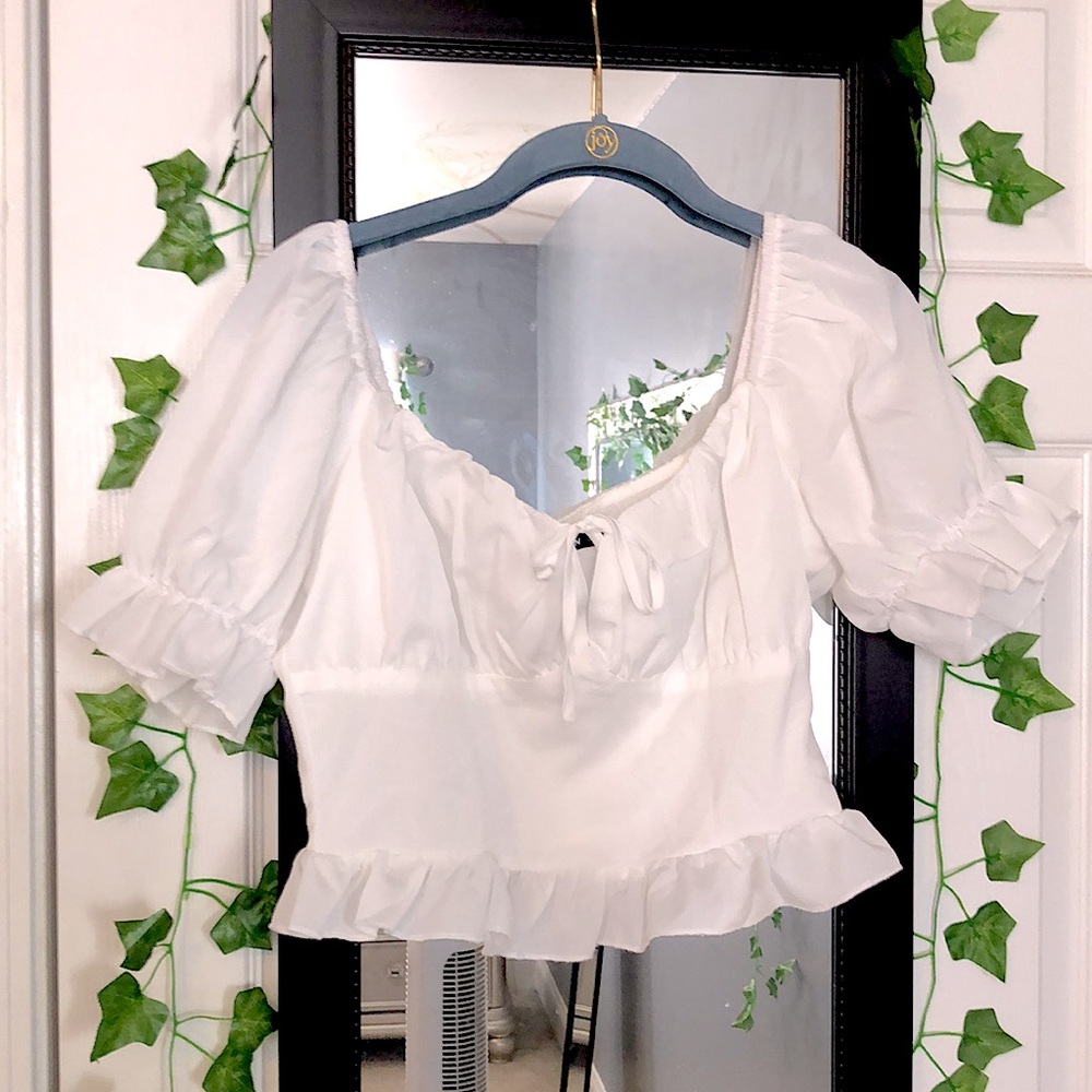 White Sheer Blouse with ruffled sleeves and adjustable shoulders